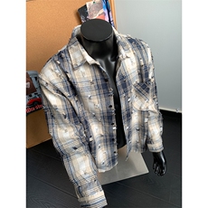 假模-春季美式工装翻领格子衬衫破洞外套9151-P55，男装衬衫，电商B380（原B361）
