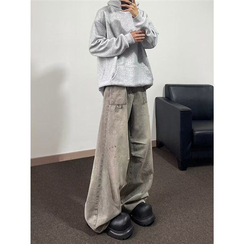 水洗泼墨牛仔裤男春秋款美式复古宽松休闲褶皱做旧痞帅阔腿直筒裤图片