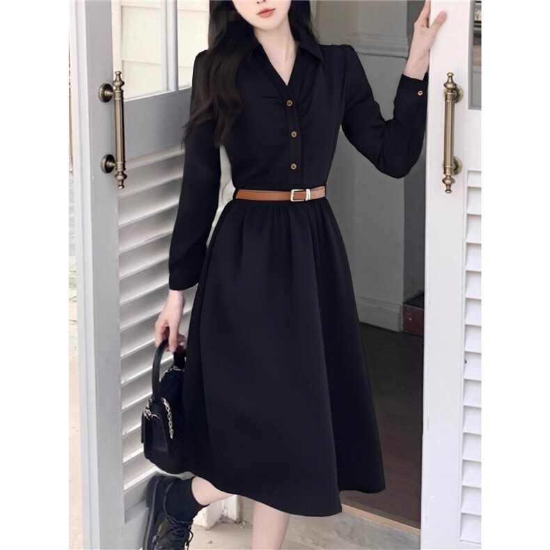 赫本风小黑裙法式衬衫裙收腰连衣裙女秋季新款教资面试服装,男装衬衫,星座1210-1