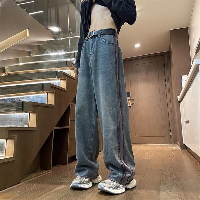 复古条纹撞色拼接做旧牛仔裤男女潮直筒宽松工装阔腿长裤9039/P50，男装牛仔裤，星座506