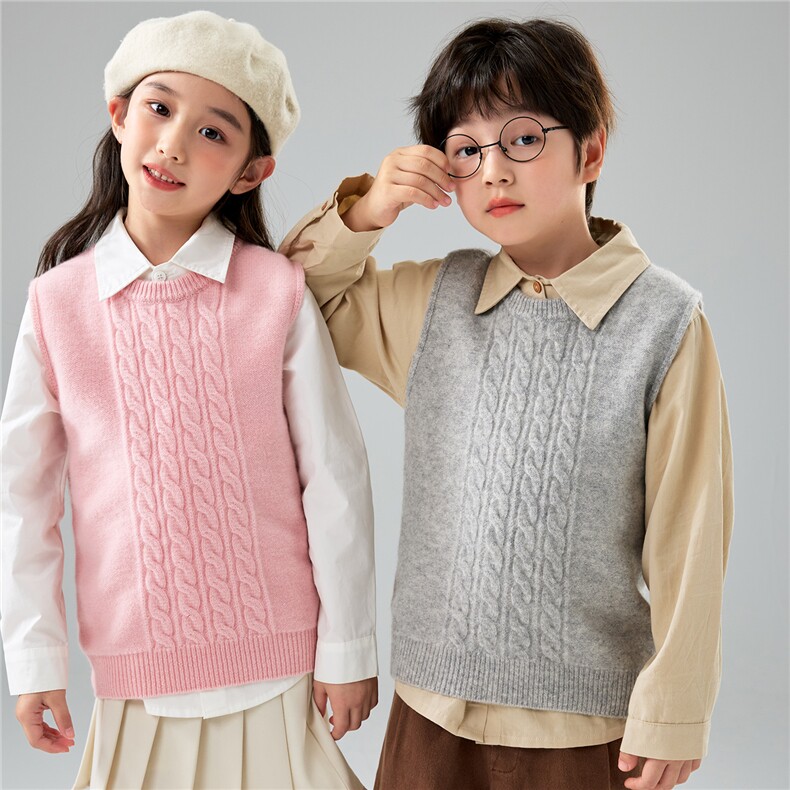 秋冬新款纯色套头100%羊毛针织马夹男童背心女童麻花打底针织毛衣，童装儿童羊毛衫，初丹羊绒童装