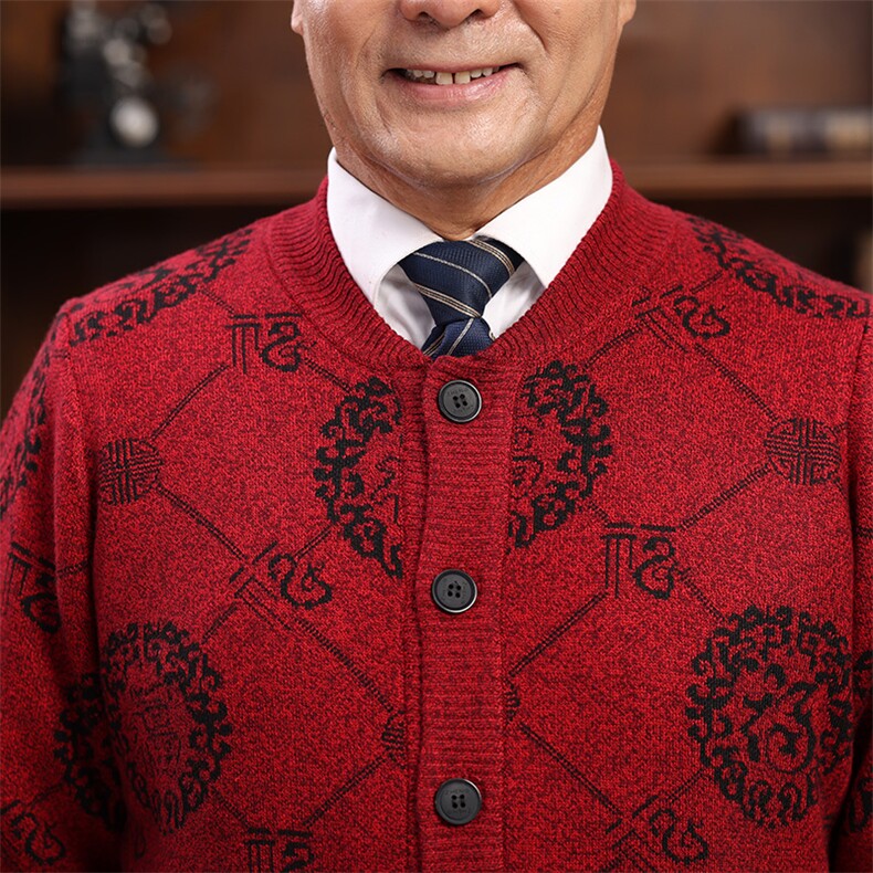 中老年女装开衫福字针织毛衣圆领羊毛衫爸爸妈妈喜庆老年情侣外套,男装中老年男装,亚东羊绒制品