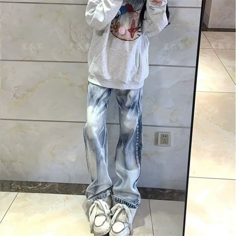 美式扎染牛仔裤设计感高街直筒宽松显瘦阔腿坠感长裤子图片