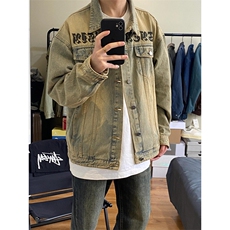 春秋新款高街黄泥染复古做旧牛仔外套男梵文设计工装夹克JH49，男装夹克，星座1116A（原606A-3）