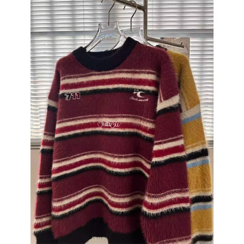 MY9565-P59 秋冬新款刺绣条纹水貂毛圆领毛衣男女松弛感慵懒风图片