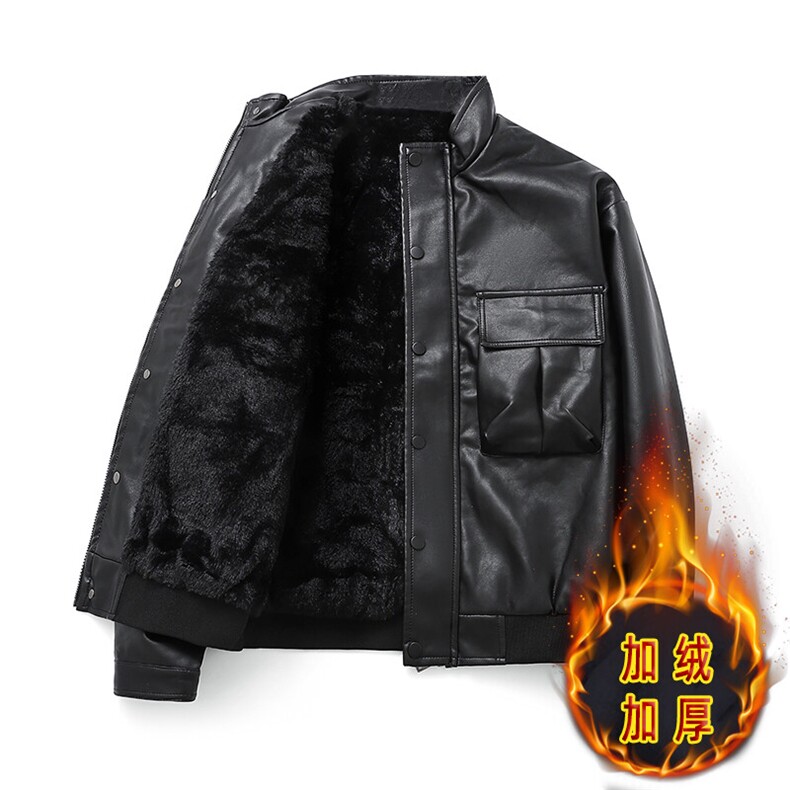 新款加绒加厚皮衣皮夹克宽松款加大口袋309B-3-6803-1-P85，男装夹克，星座1409-3