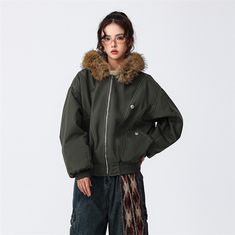 现货重磅boxy短款棉衣座山雕大毛毛领男女棉服水洗工装厚外套，男装棉衣，电商A486