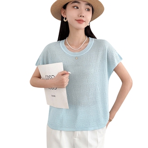 夏季新款时尚气质百搭简约女士飞机袖大花天丝短袖图片