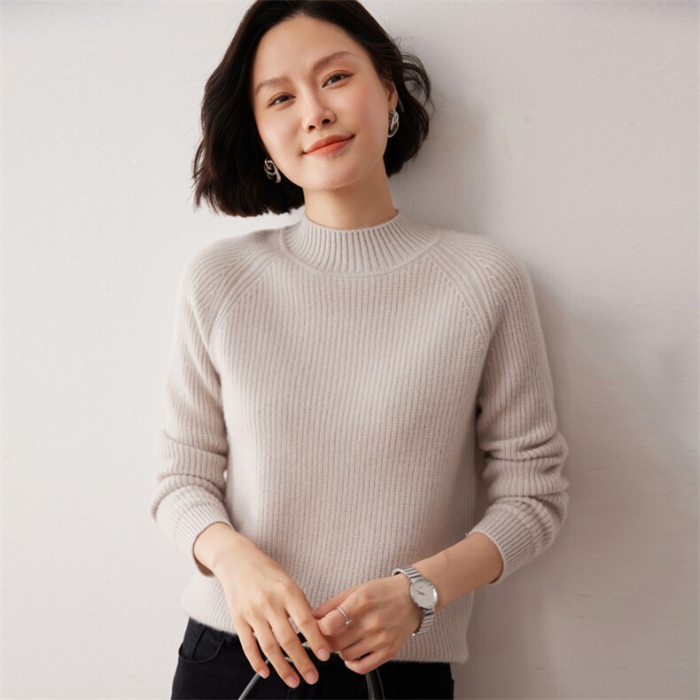 秋冬新款洋气时尚百搭显瘦女款半高领35%山羊绒衫,女装羊绒衫,艾巧羊绒