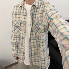 港风复古格子长袖衬衫外套男女春秋季宽松休闲防晒上衣潮C028-P40，男装衬衫，星座308B-2