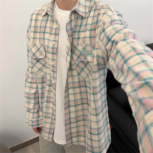 港风复古格子长袖衬衫外套男女春秋季宽松休闲防晒上衣潮C028-P40图片
