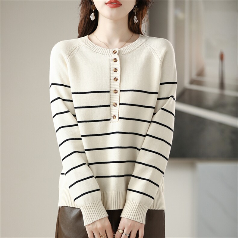 2025年秋季新款七针插肩加厚针织条纹半开领上衣时尚休闲通勤百搭，女装针织衫/毛衣，阁惠羊绒