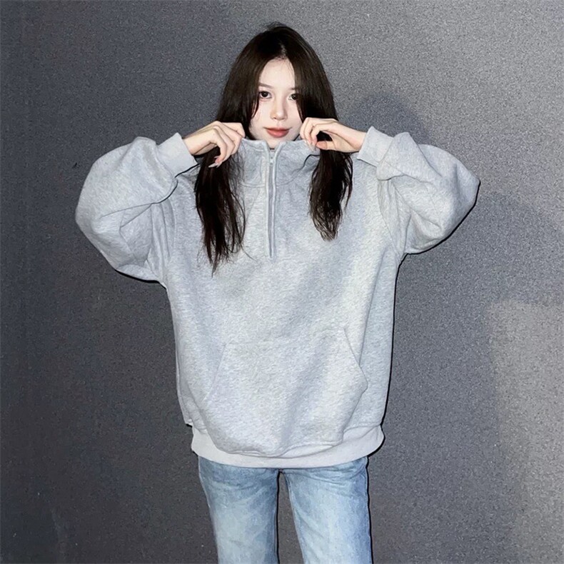 抖音得物高品质二开25秋冬美式重磅宽松纯色连帽拉链高领卫衣W65,男装卫衣,电商A486