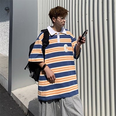 日系vintage复古polo衫条纹t恤男宽松半袖cityboy上衣WB482-P30，男装T恤，星座412-2