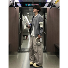 浅灰色条纹针织开衫外套男款秋季慵懒风三条杠毛衣高级感立领夹克，男装针织衫/毛衣，星座1007（原301D）