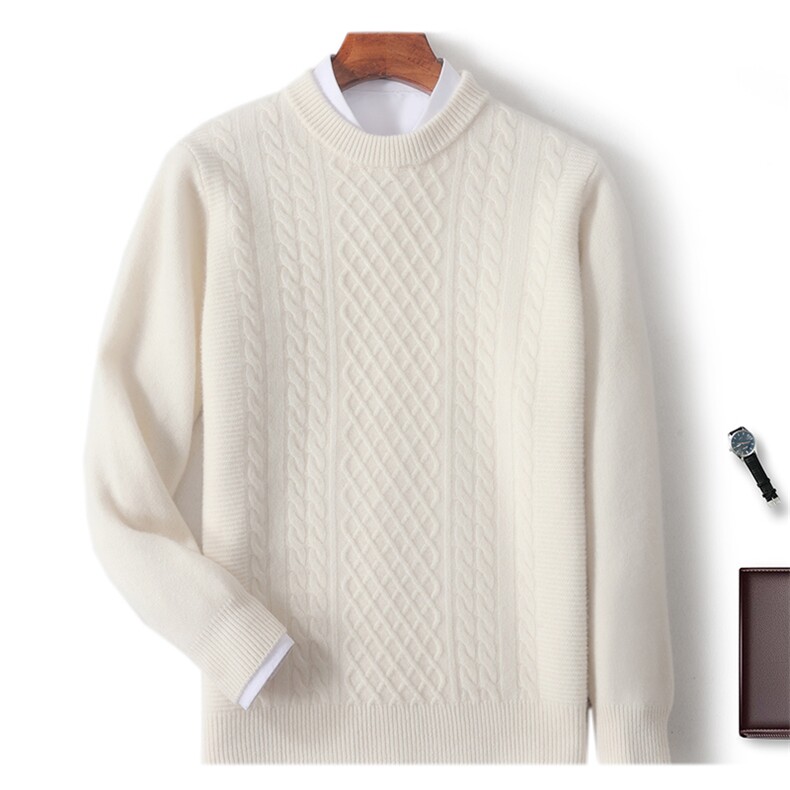 秋冬季新款舒适时尚百搭七针加厚麻花圆领羊毛衫，男装羊毛衫，牧圣羊绒