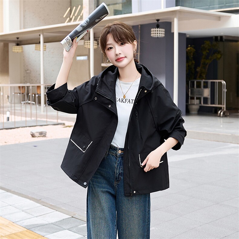 红短款风衣外套女2025春秋新款宽松休闲连帽工装冲锋衣夹克,女装短外套,涵亦佰惠