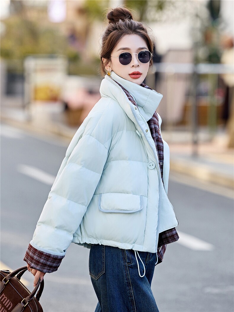 新款挂脖围巾加厚格纹拼接羽绒服2025年冬季时尚潮流,女装羽绒服,鑫鑫美
