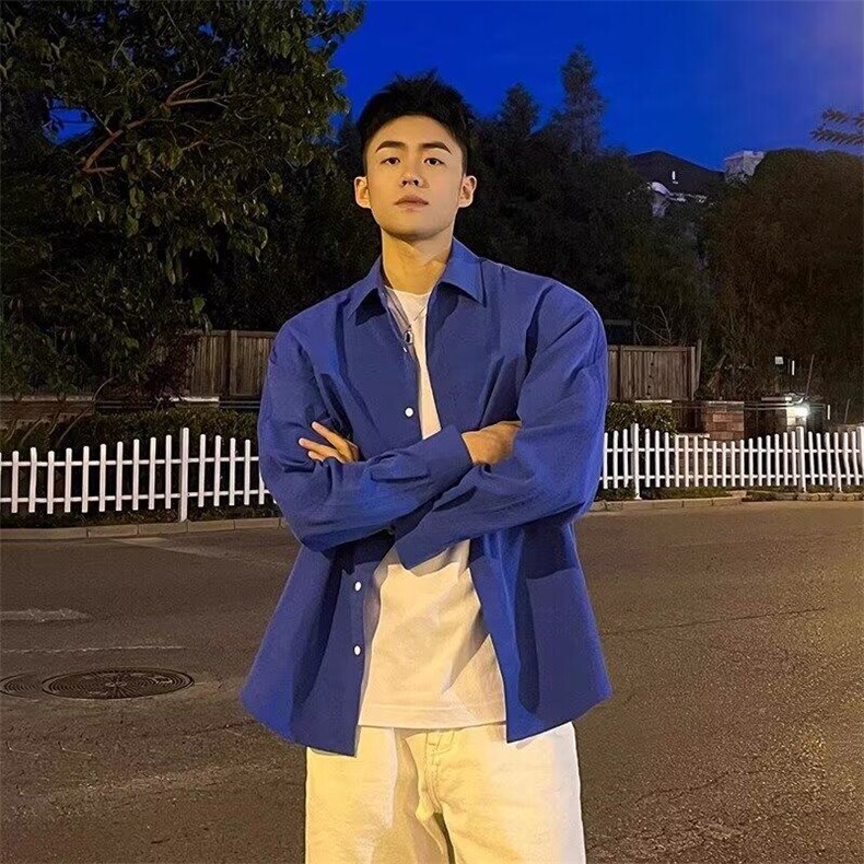 现货青少年纯色蓝色衬衫男长袖上衣夏季薄款痞帅潮短袖新款潮流春图片