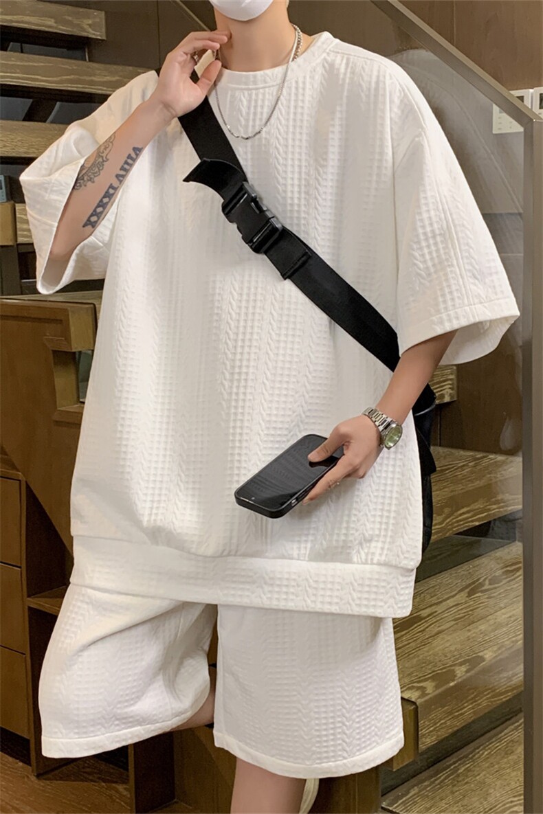 TZ94347/P60夏季宽松T恤短裤提花套装男大码港风两件套也可单卖,男装T恤,电商A141