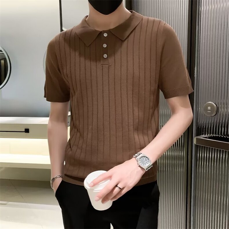 夏季复古男装净色宽松翻领针织衫男休闲提花竖纹短袖Polo衫 M819图片
