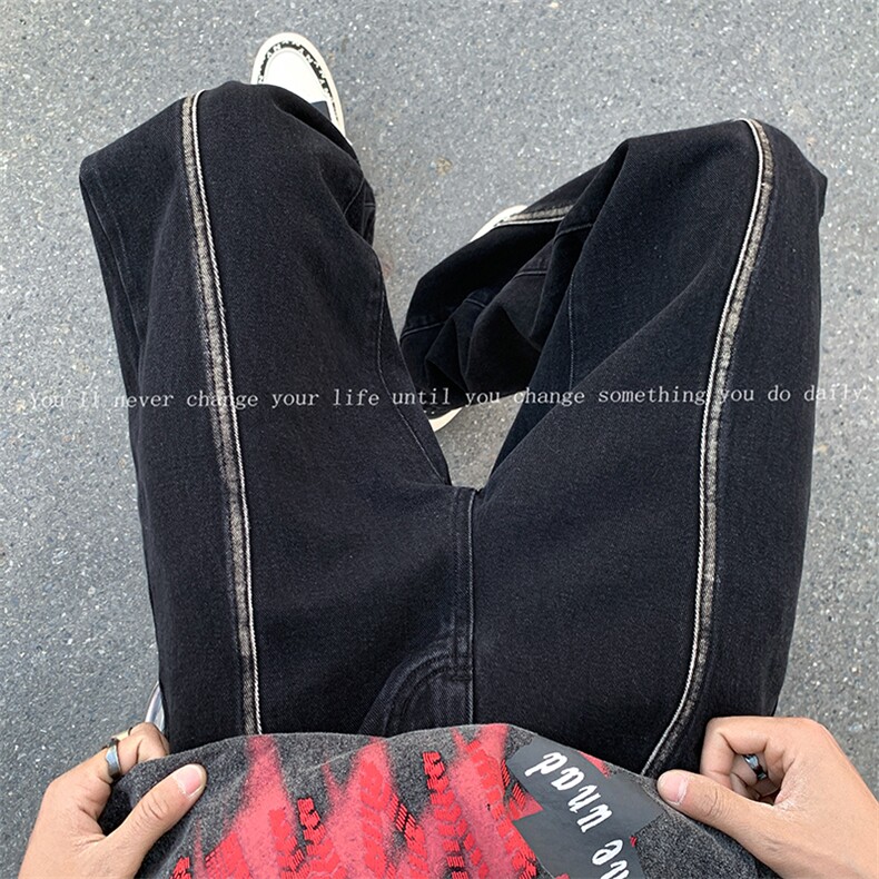 B221美式ins高街暗黑小众毛边破洞直筒牛仔裤LK23104-P65控88，男装牛仔裤，电商B221