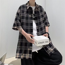 复古格子设计感短袖衬衫男女港式款衬衣CS44，男装衬衫，星座1116A-1（原606A）