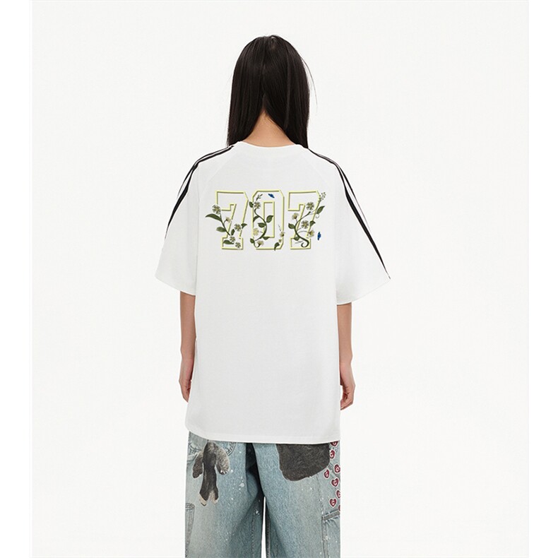 抖音得物高品质二开240克宽松纯棉美式潮牌三条杠织带短袖T恤，男装T恤，电商A486-1