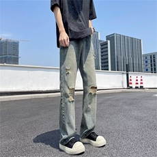 高街夏季水洗做旧破洞牛仔裤男ins宽松直筒裤NG37，男装牛仔裤，星座1116A-1（原606A）