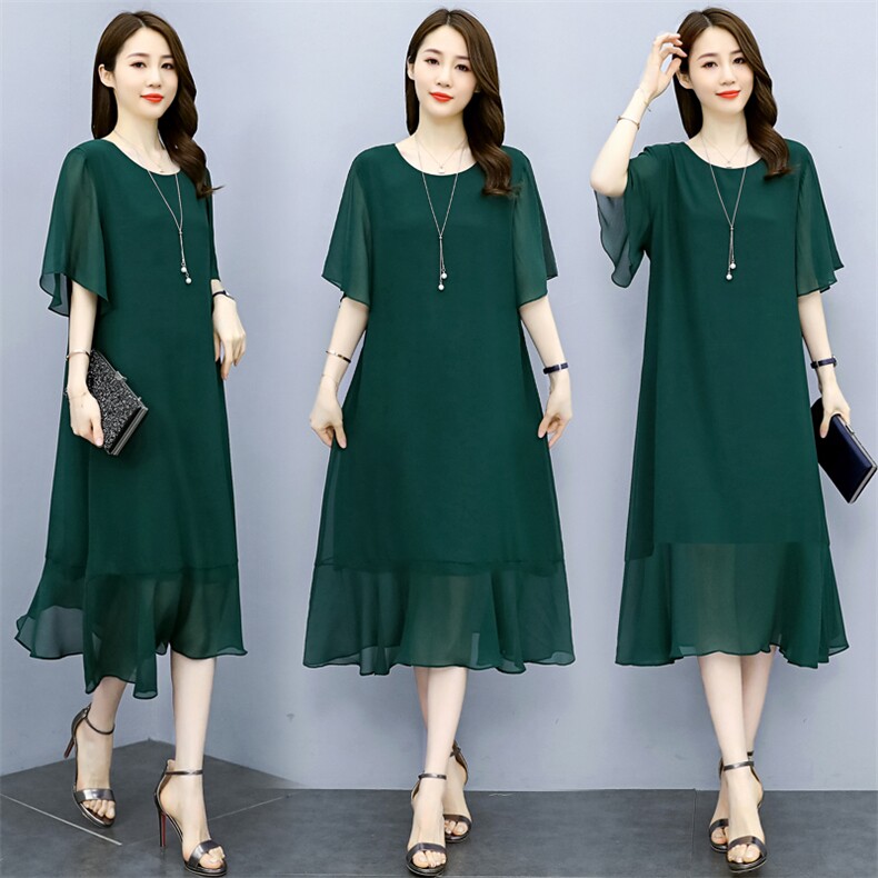 （现货）大码雪纺连衣裙女2025夏新款胖MM遮肚宽松显瘦妈妈裙子，女装连衣裙，深妍伊美