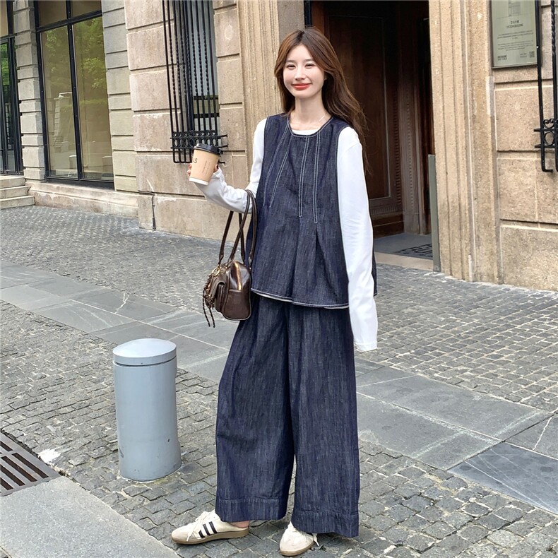 休闲减龄穿搭牛仔套装女春秋超火好看高级感t恤背心阔腿裤三件套,女装套装/套裙,2C166