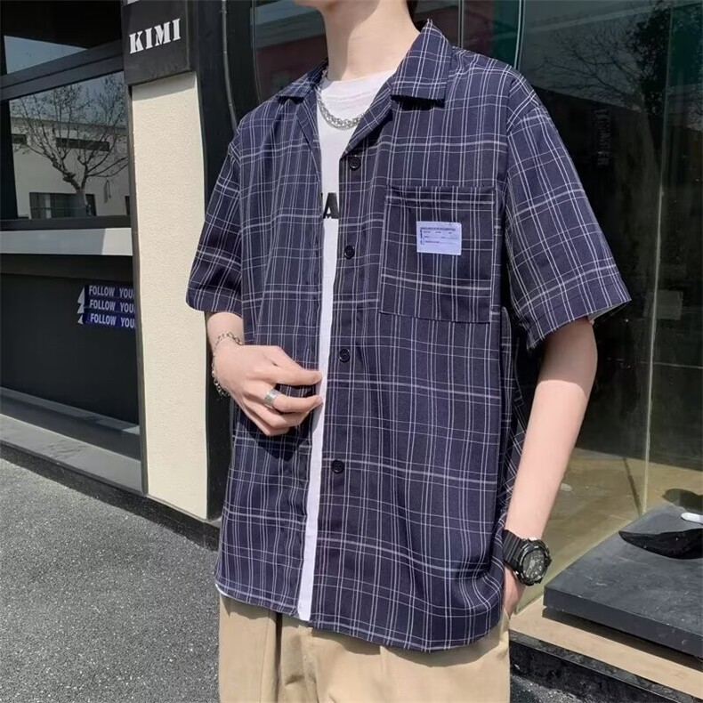 机能工装短袖衬衫男女山系街头宽松休闲翻领半袖黑色衬衣,男装衬衫,星座716-3