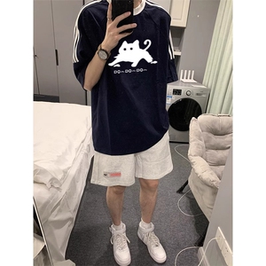 夏季美式高街重磅纯棉三条杠织带撞色男女短袖T恤ZD579-特P30图片