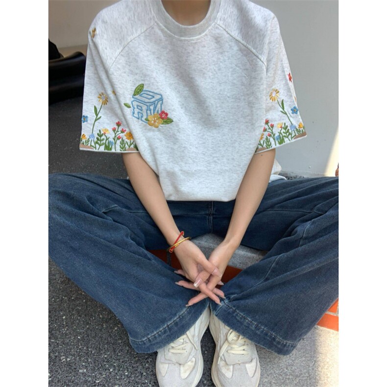H0691-P35全刺绣索罗娜领口+包边拉肩短袖T恤女,男装T恤,星座617A-2