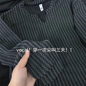 美式高街千鸟格子长袖T恤男女亨利V领英伦雅痞休闲宽松长袖打底衫图片