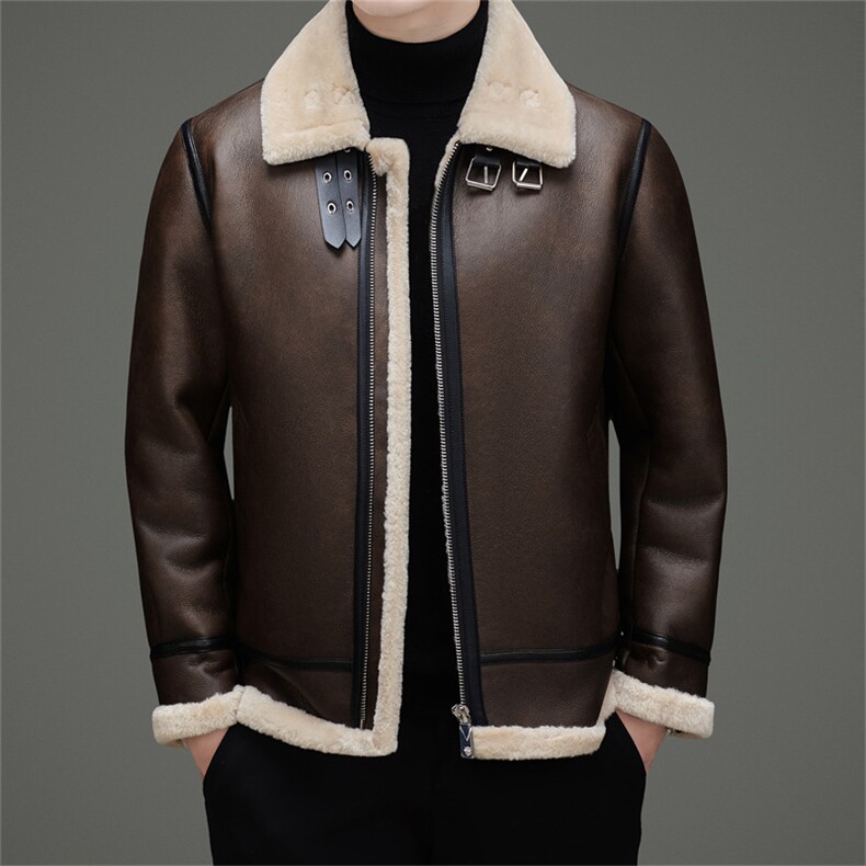 冬季轻奢男士皮毛一体加绒夹克毛领加厚保暖外套宽松休闲通勤上衣，男装夹克，钱塘723