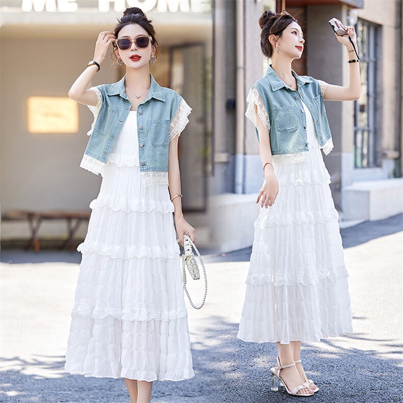 苏杭牛仔连衣裙两件套女2025夏季新款设计感小香风蕾丝吊带蛋糕裙，女装套装/套裙，伊仟回