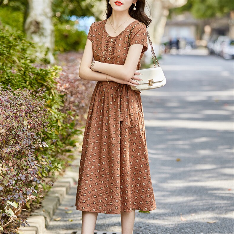 碎花V领连衣裙女夏季薄款2021新款中长款收腰显瘦妈妈棉麻长裙子,女装连衣裙,超帛
