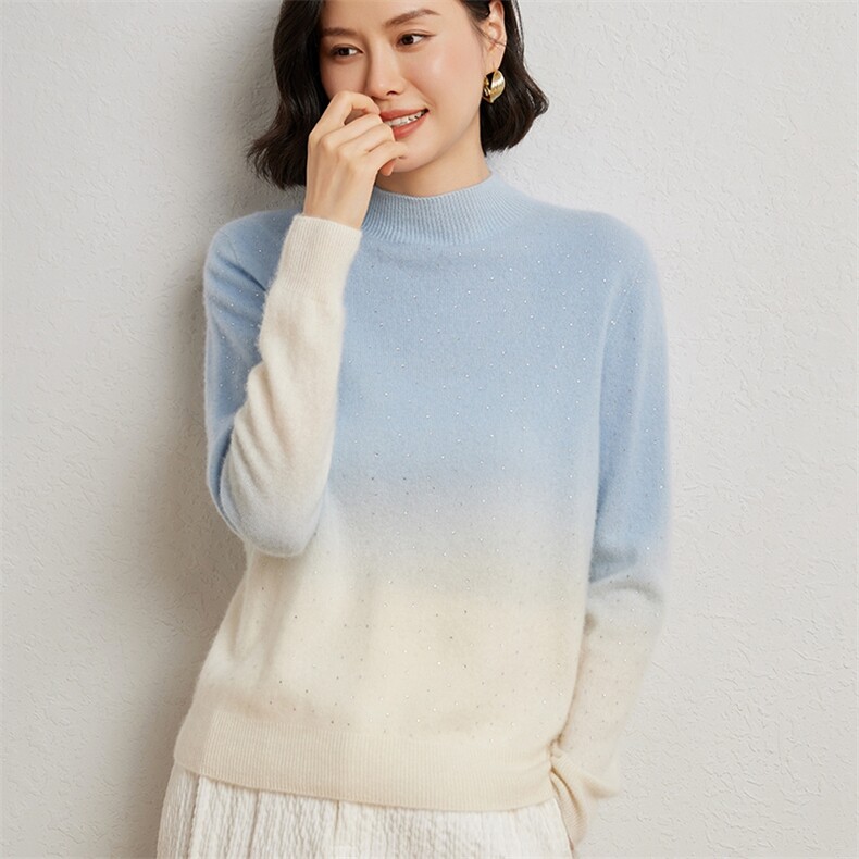 女士一线吊染加烫钻半高领衫10%,女装羊绒衫,臻维羊绒