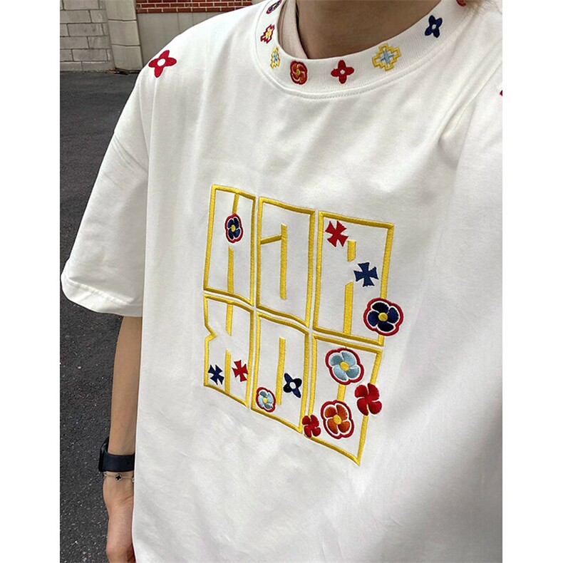 万针全刺绣工艺抖音得物高品质260克重磅纯棉双纱美式高街短袖T恤,男装T恤,电商A486