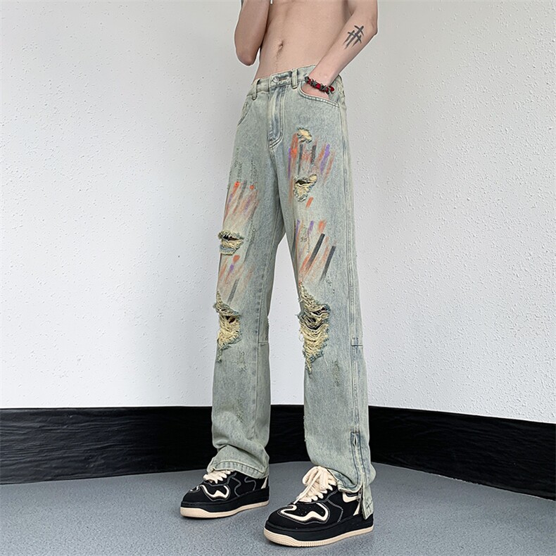B221美式ins高街暗黑小众喷墨拉链破洞牛仔裤LK23085-P65控88,男装牛仔裤,电商B221