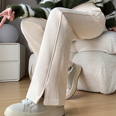 人字纹加绒阔腿裤秋冬新款毛呢开叉休闲裤子直筒羊毛窄版香蕉裤，女装休闲裤，云美莎专业女裤-全店现货