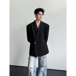 青果领黑色西装外套男解构设计高级痞帅收腰西服XZ26P118图片