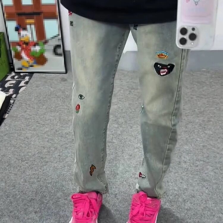 欧美潮牌2025春夏刺绣牛仔裤男士休闲修身水洗做旧弹力时尚小,男装牛仔裤,星座218-1（原230）