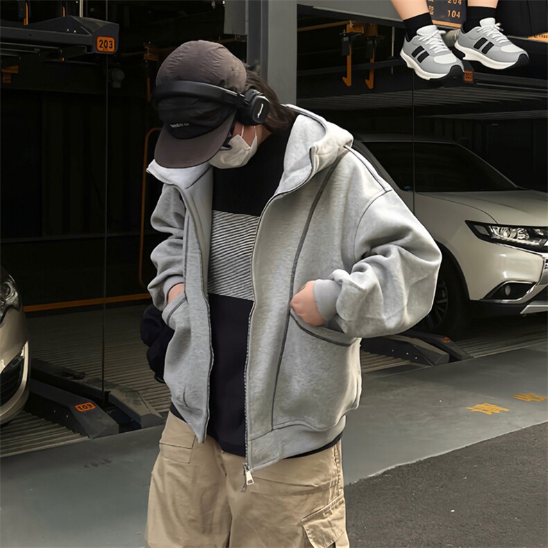 抖音得物高品质秋冬美式高街重磅结构辑明线纹理连帽卫衣外套W111,男装卫衣,电商A486