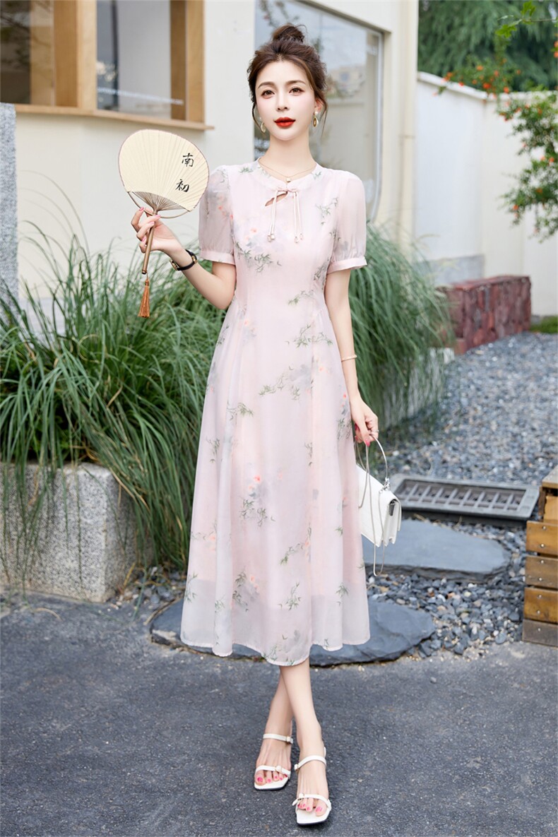 现货新款改良版真丝旗袍连衣裙夏季新款年轻款短袖连衣裙,女装连衣裙,丽美静依