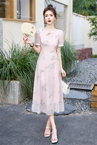 现货新款改良版真丝旗袍连衣裙夏季新款年轻款短袖连衣裙图片