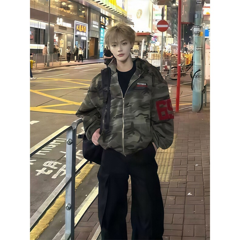 复古美式迷彩开衫卫衣男款春秋季欧美街头hiphop痞帅拉链连帽外套,女装短外套,四季星座505