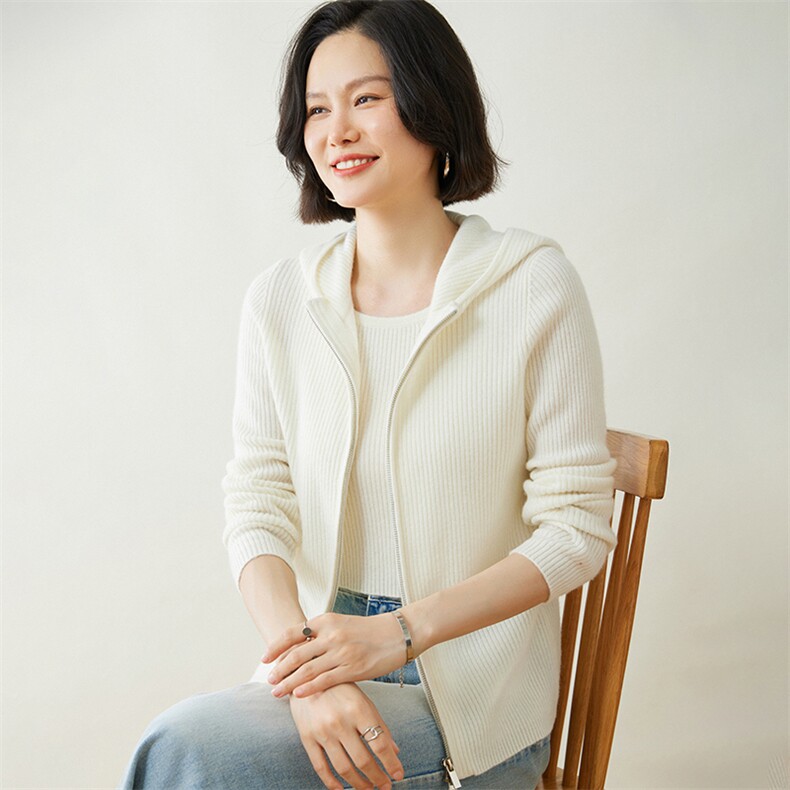 时尚百搭红色羊绒开衫女款抽条拉链帽衫,女装羊绒衫,迎冬羊绒