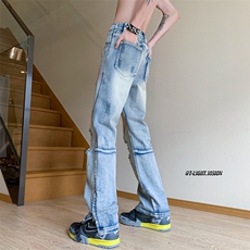 B221美式ins嘻哈色彩涂鸦小众拉链破洞牛仔裤LK23085-P65控88，男装牛仔裤，电商B221